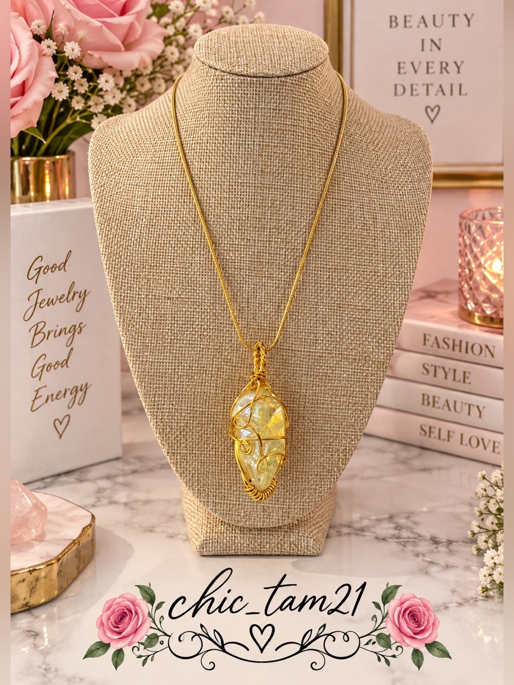 Handmade Natural Stone Pendant with 18K Gold Plated 925 Sterling Silver Necklace